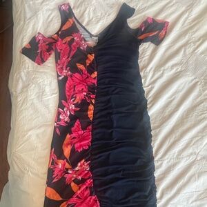 Cold Shoulder Navy blue with hot pink & orange flowers size medium
